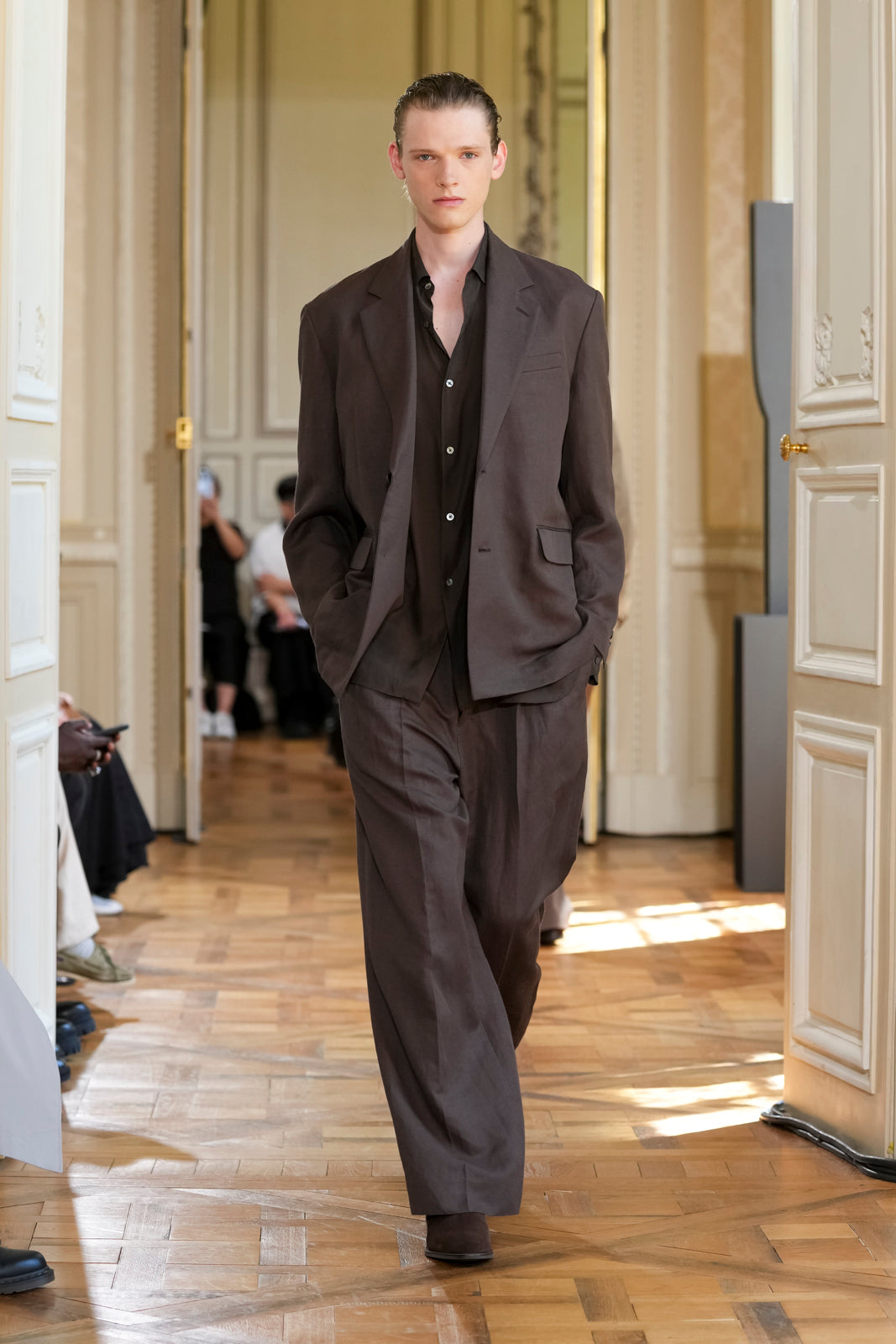 ssstein DARK BROWN LONG WIDE TROUSERS SS26