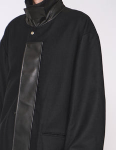 BLACK LEATHER FLY FRONT LONG JACKET