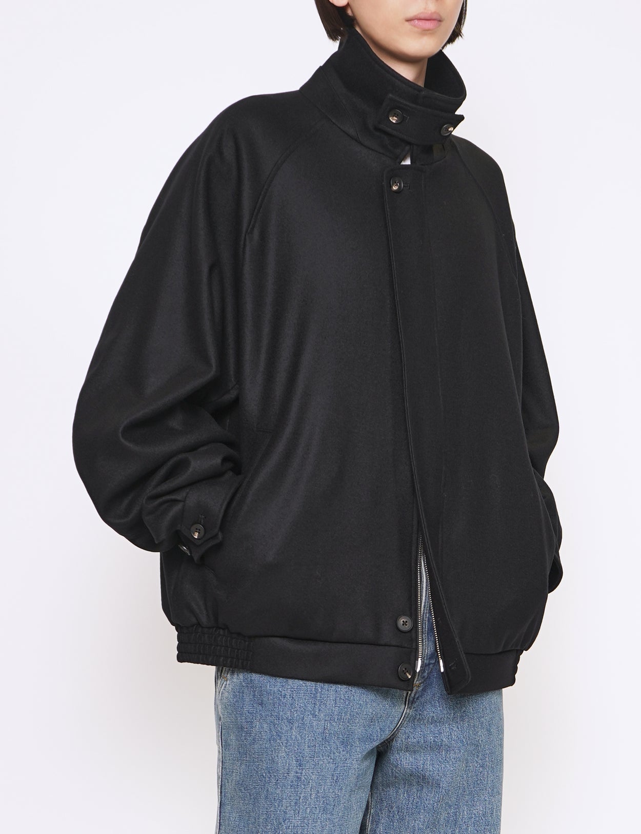 BLACK OVERSIZED MELTON HARRINGTON ZIP JACKET