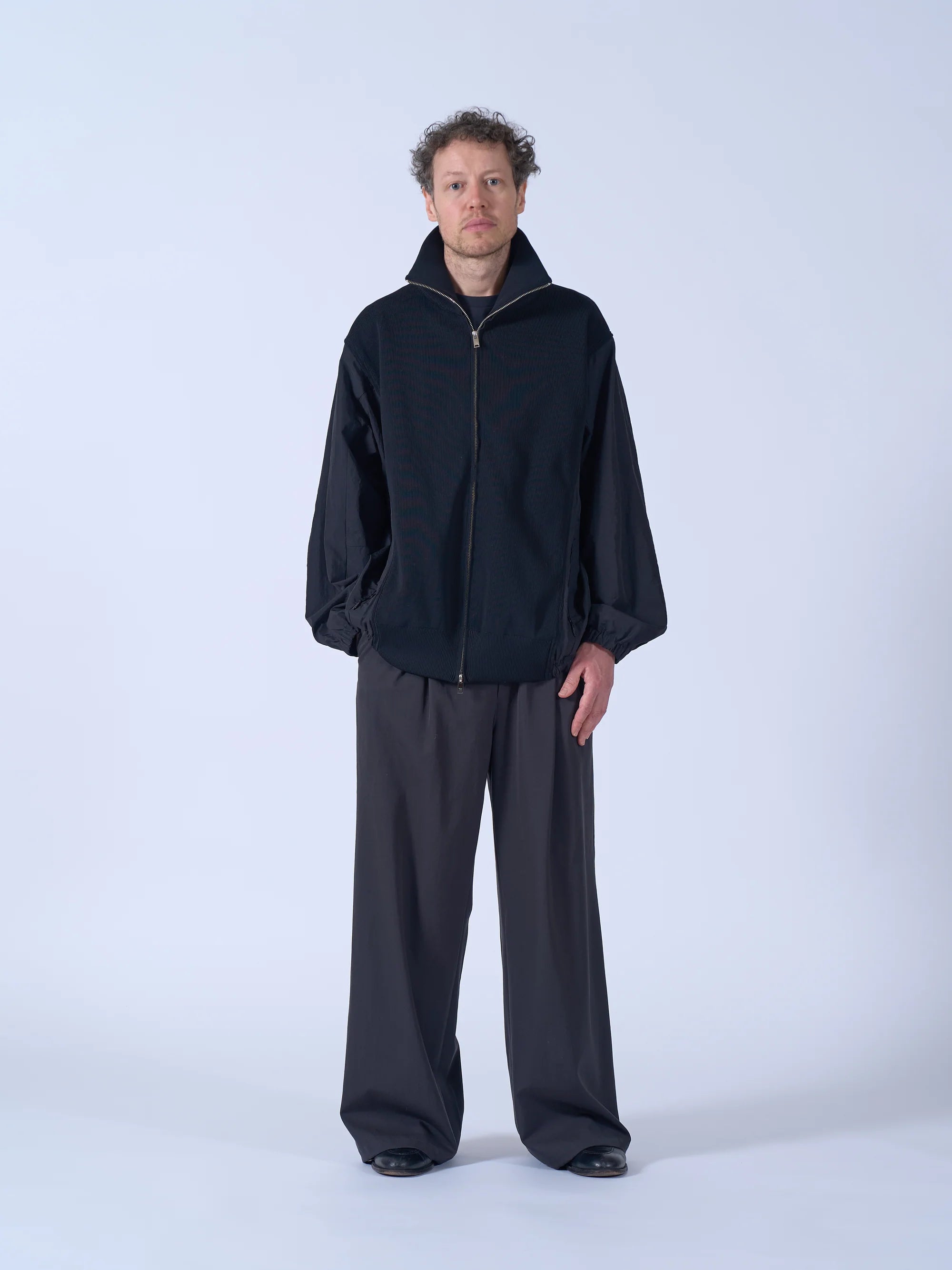 BLACK CONNECTED RIB KNIT TRUCKER JACKET