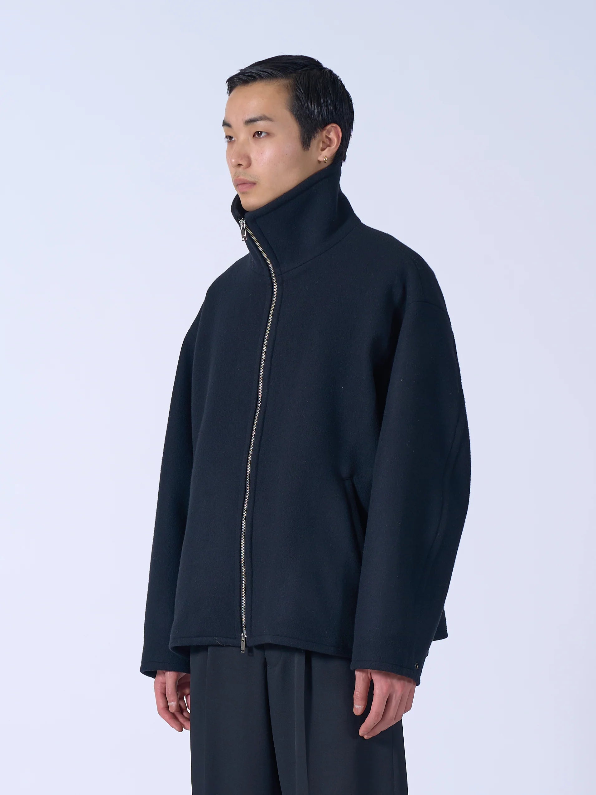BLACK MELTON STAND COLLAR ZIP BLOUSON