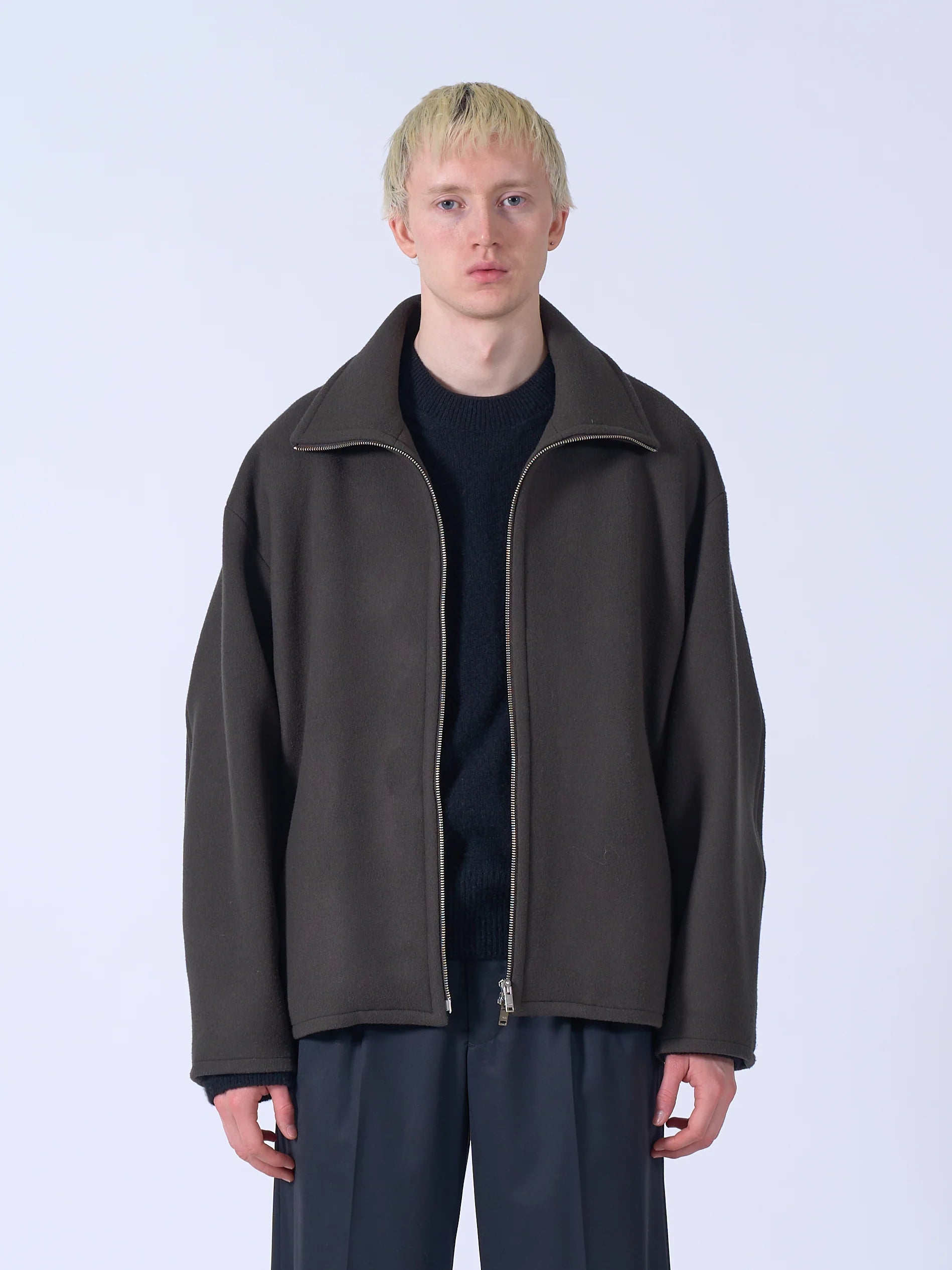 DARK OLIVE MELTON STAND COLLAR ZIP BLOUSON