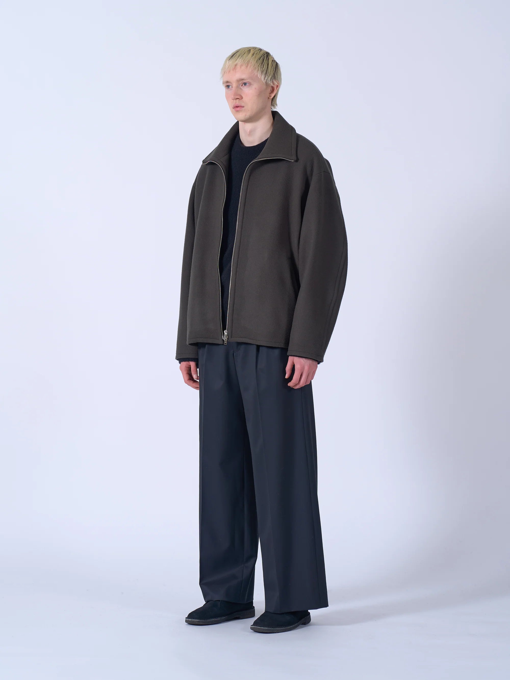 DARK OLIVE MELTON STAND COLLAR ZIP BLOUSON