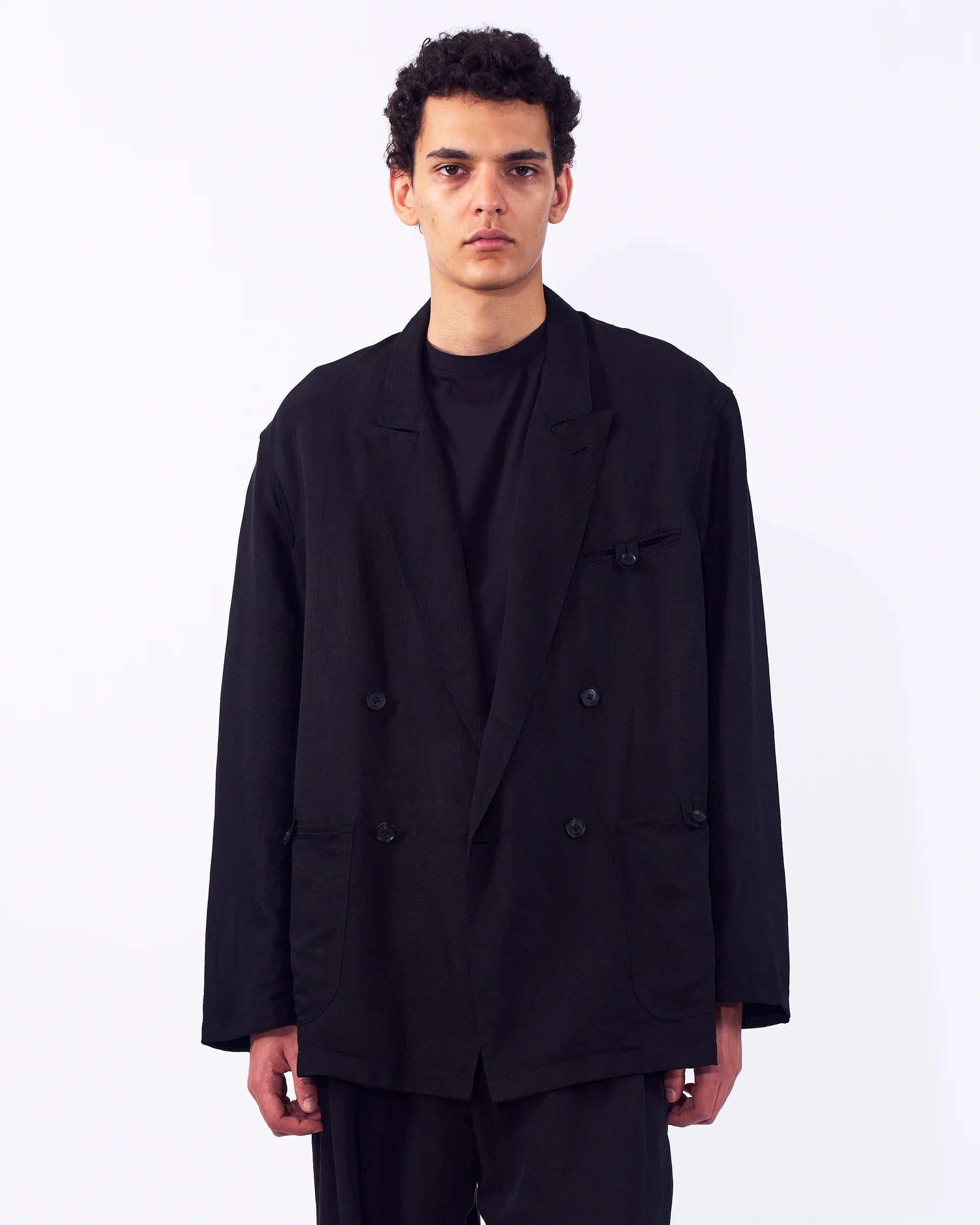 BLACK LINEN SILK KERSEY DOUBLE BREASTED BLAZER