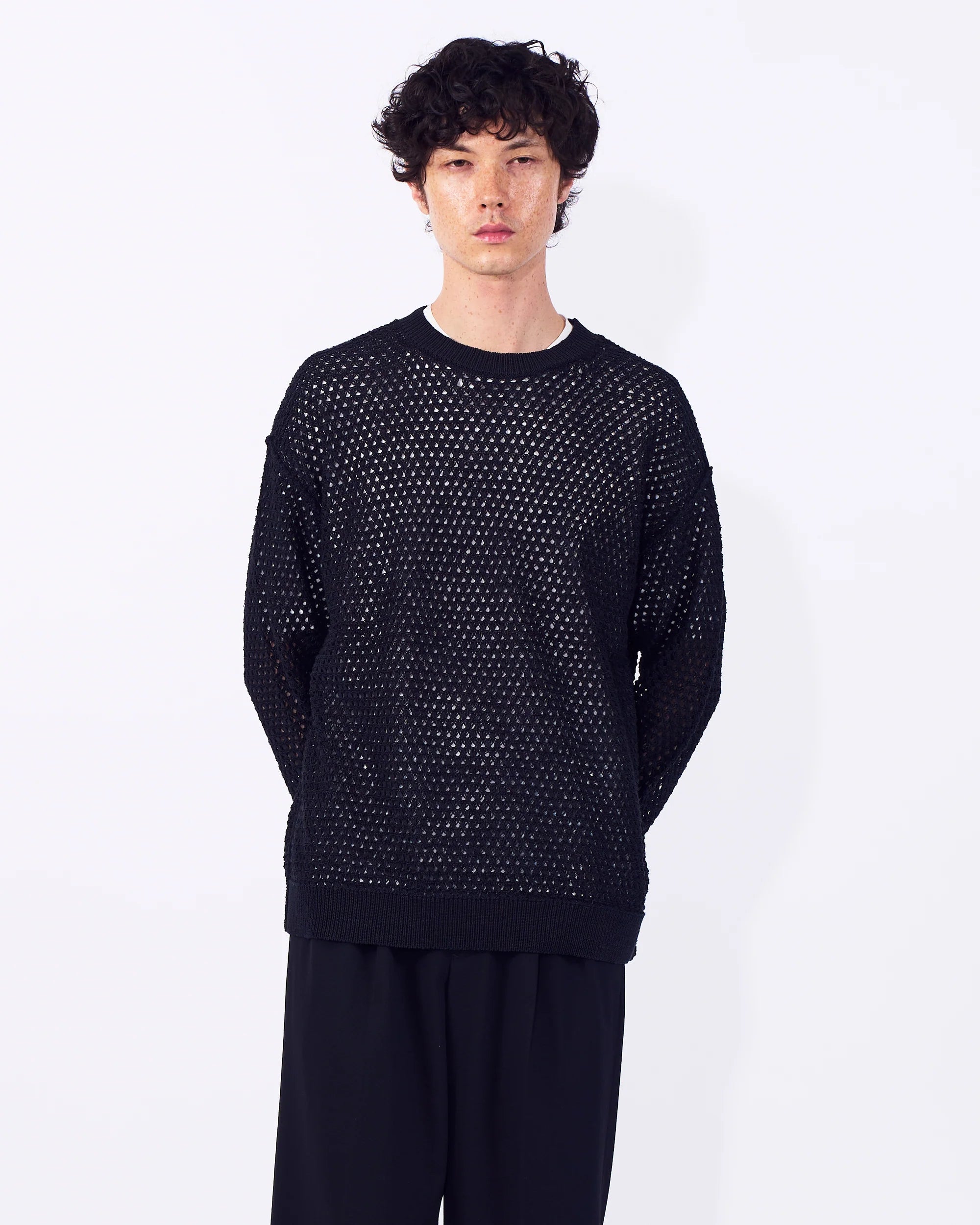 BLACK MESH KNIT SHIRT CREWNECK SWEATER