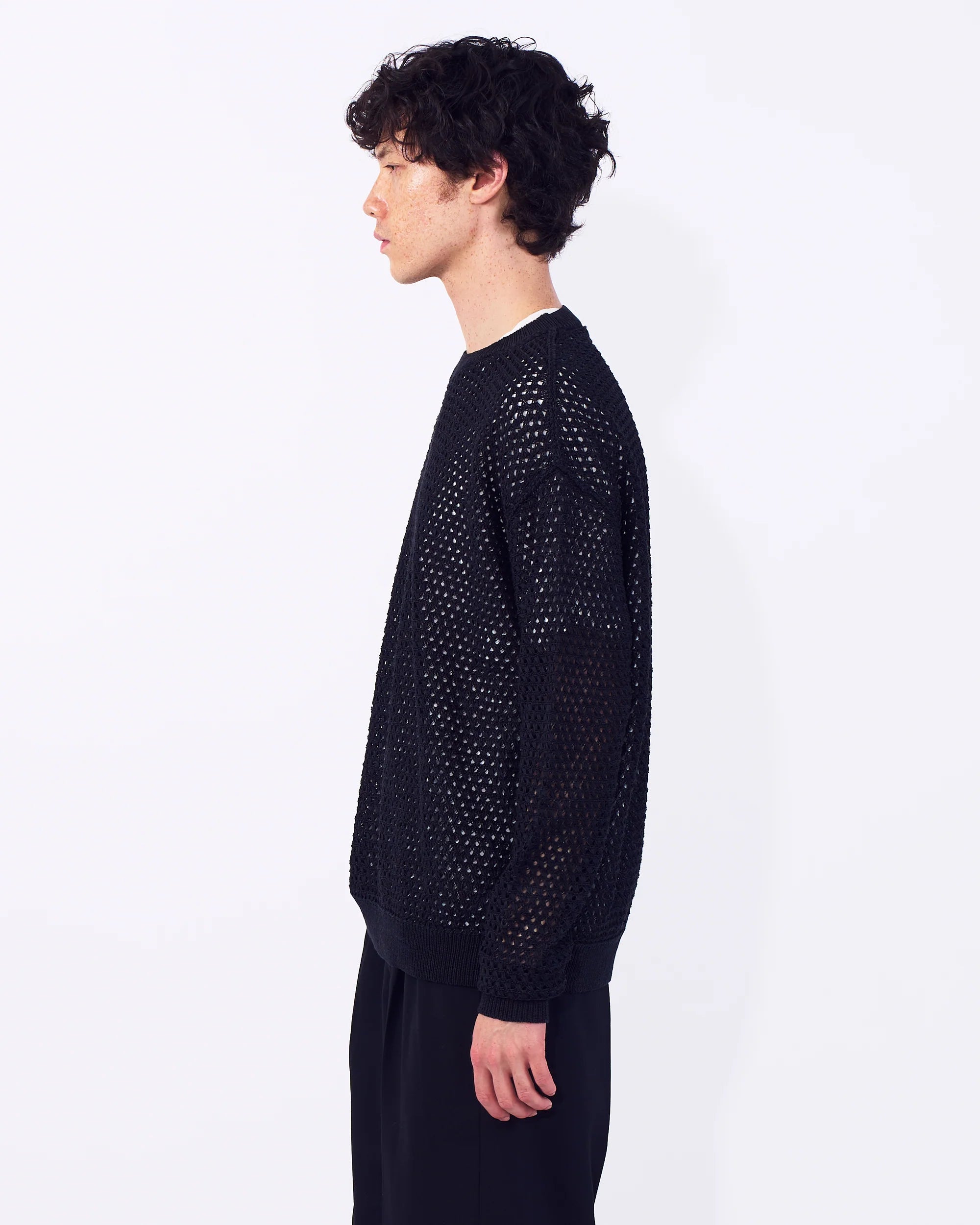 BLACK MESH KNIT SHIRT CREWNECK SWEATER