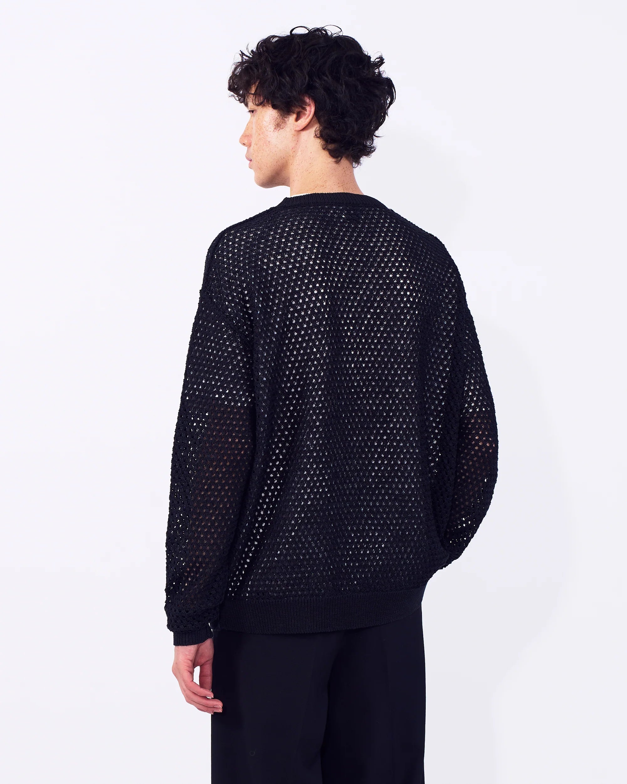 BLACK MESH KNIT SHIRT CREWNECK SWEATER