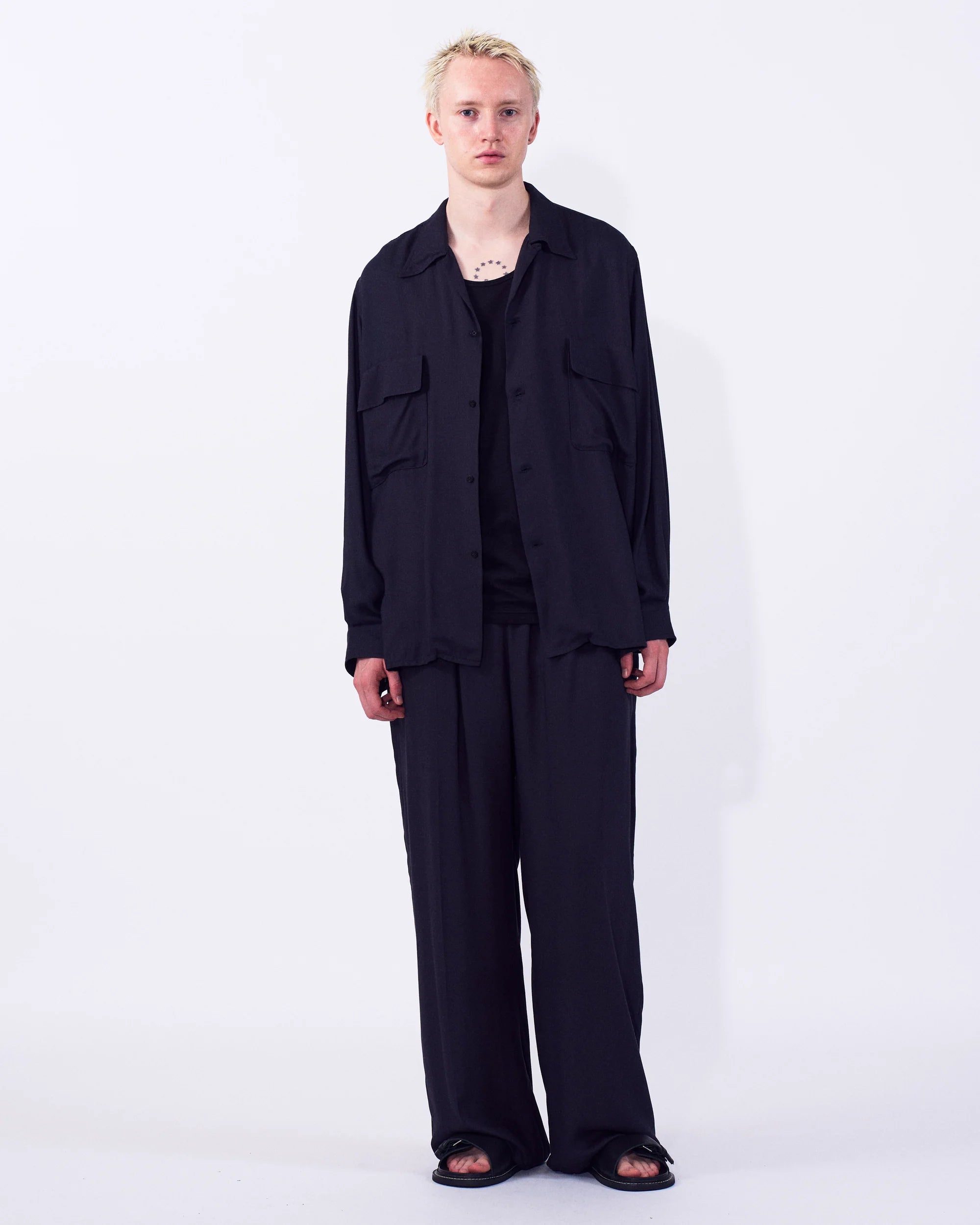 DARK NAVY MODAL DOUBLE POCKET OPEN COLLAR SHIRT