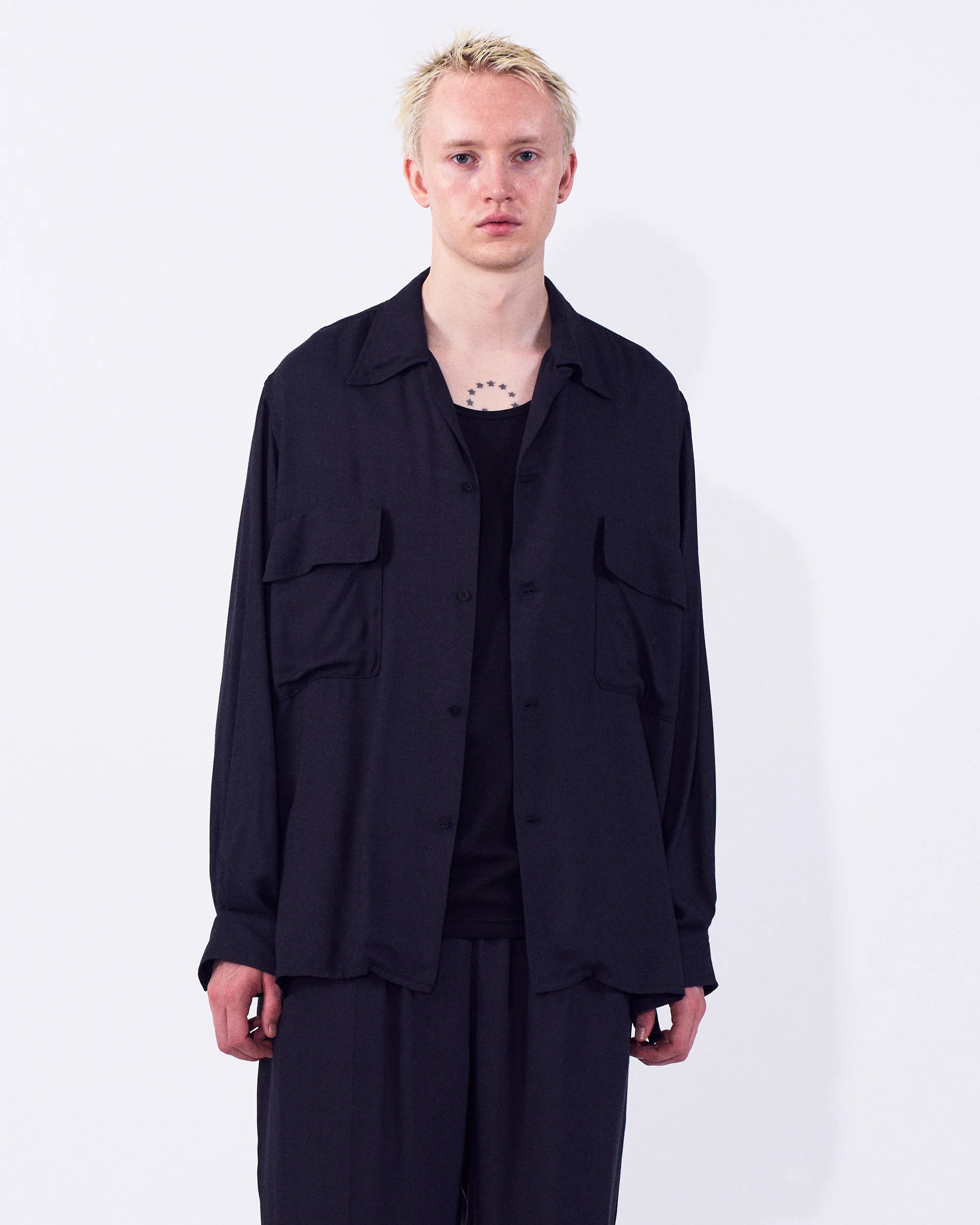 DARK NAVY MODAL DOUBLE POCKET OPEN COLLAR SHIRT