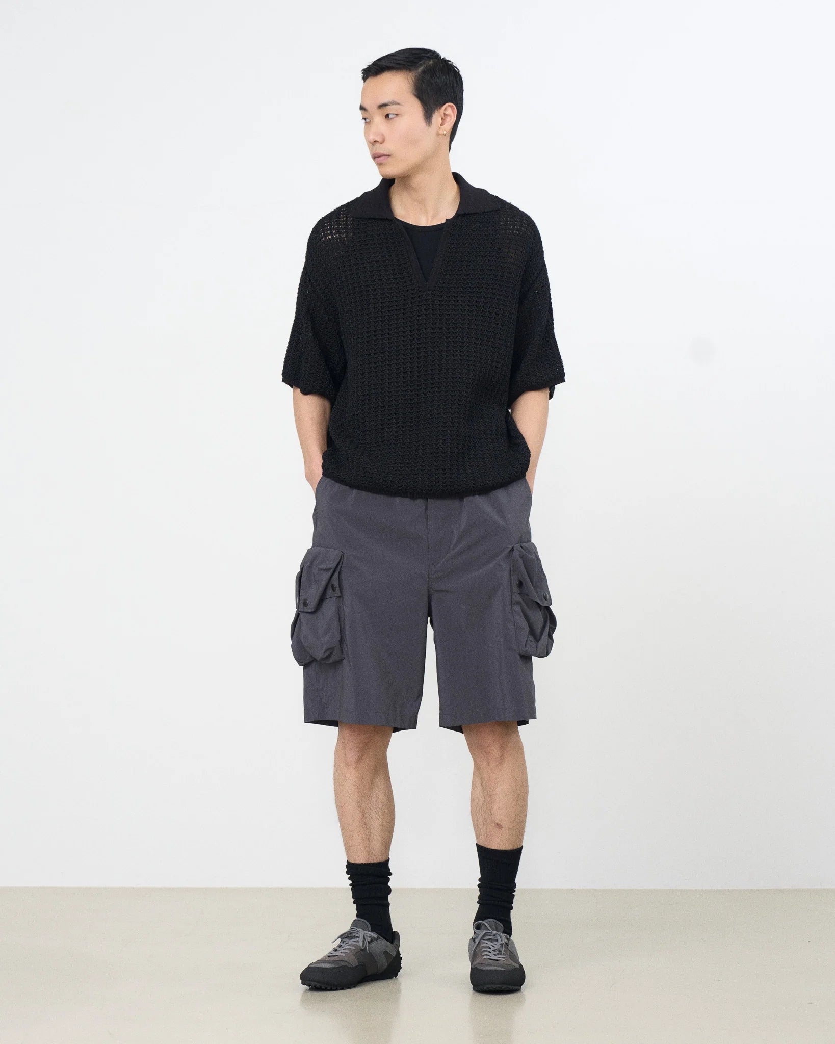 BLACK MESH KNIT SKIPPER POLO SHIRT