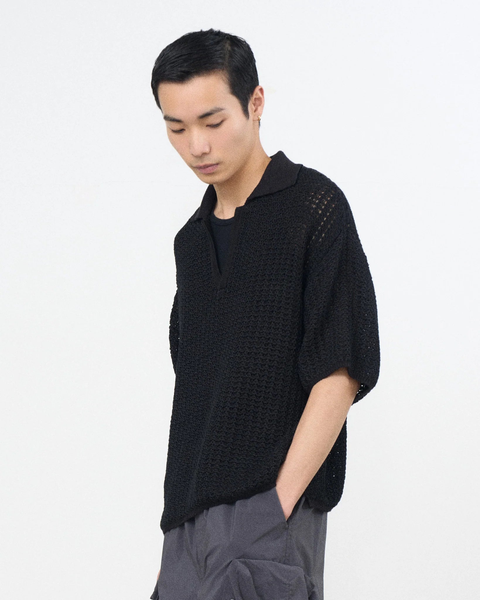 BLACK MESH KNIT SKIPPER POLO SHIRT