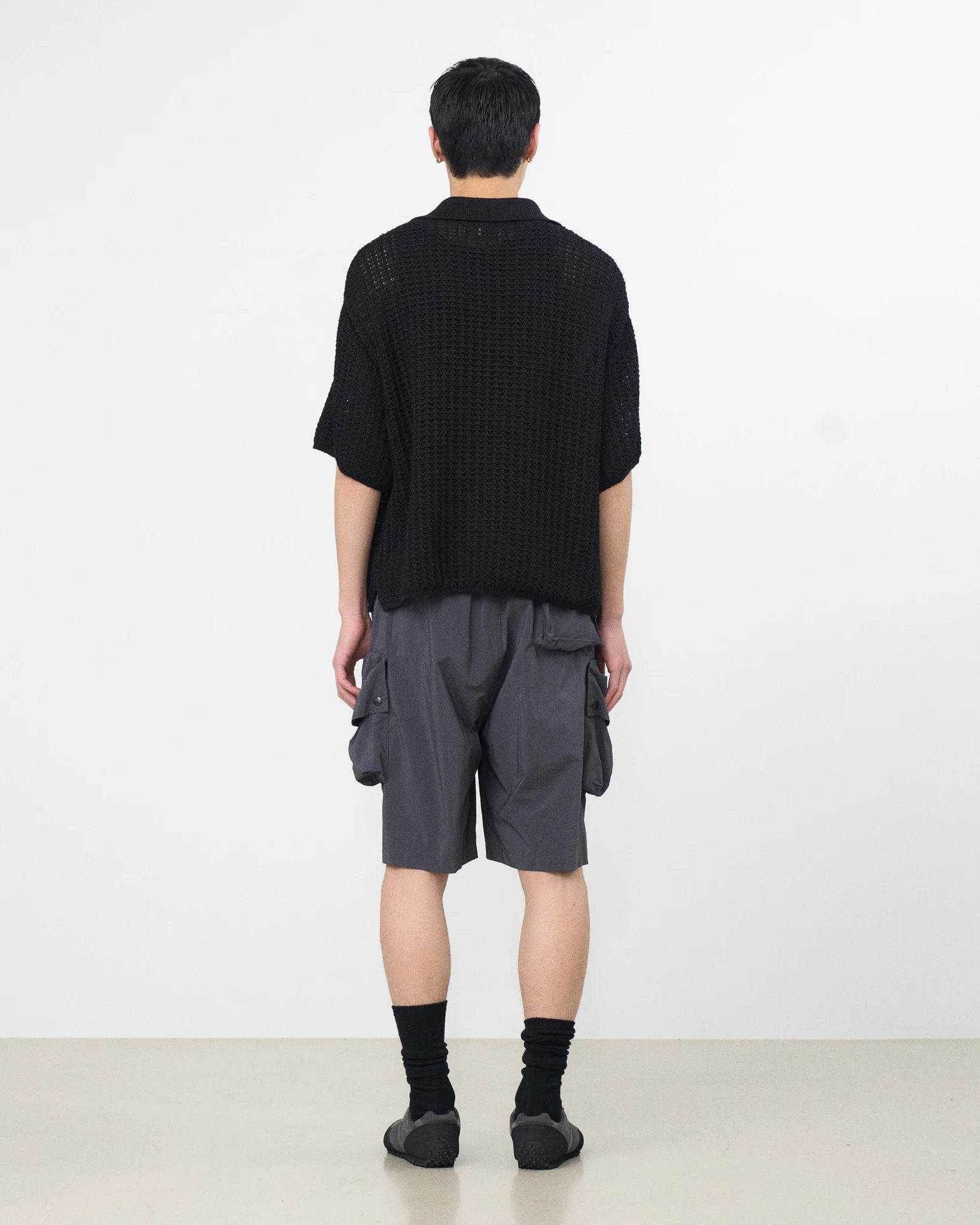 BLACK MESH KNIT SKIPPER POLO SHIRT