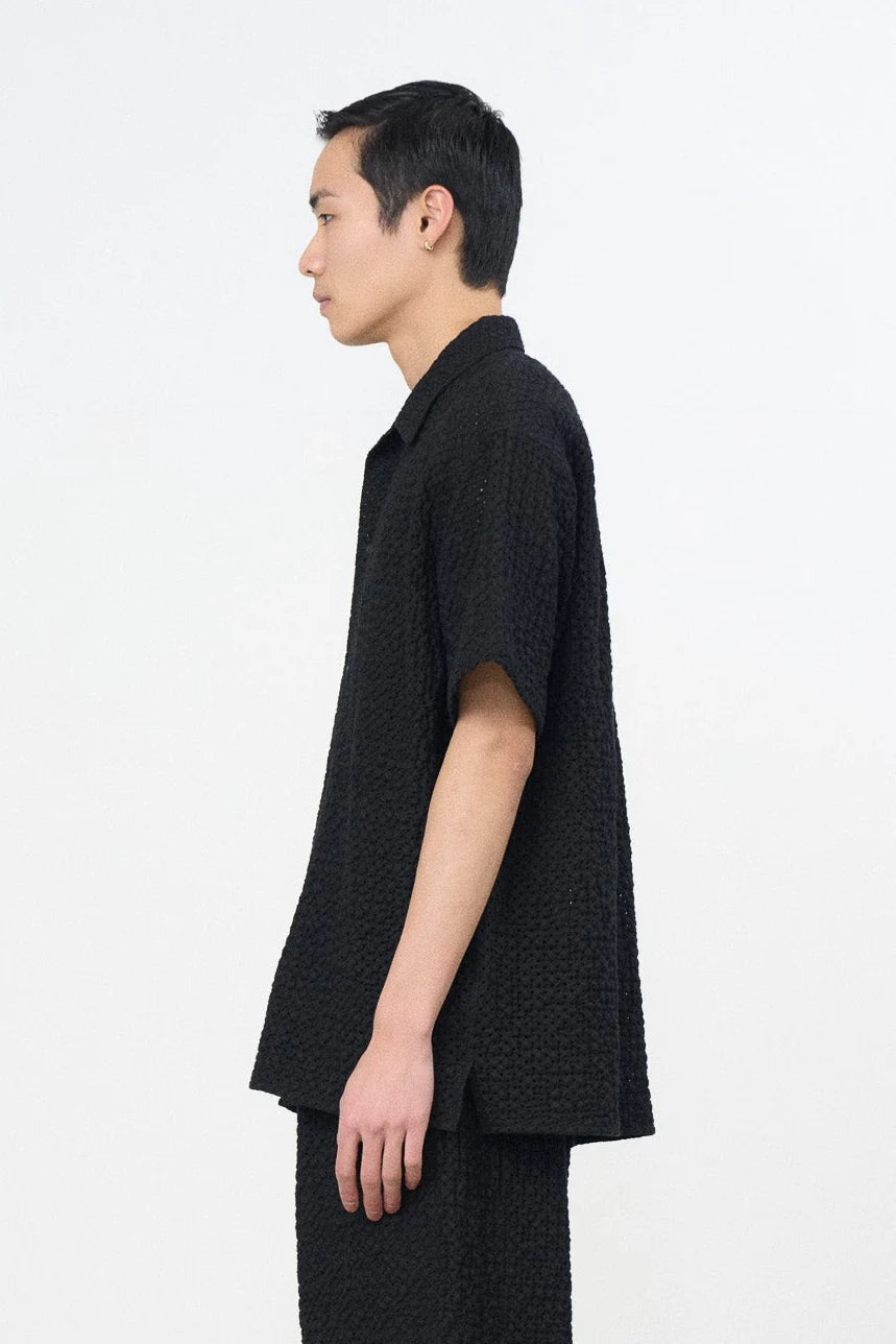 BLACK EMBROIDERY OPEN COLLAR SHIRT